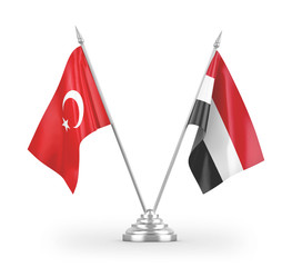 Yemen and Turkey table flags isolated on white 3D rendering