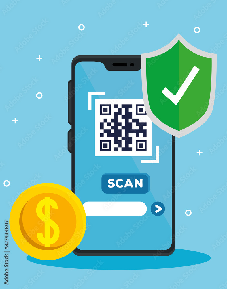 Poster scan qr code with smartphone and coin vector illustration design