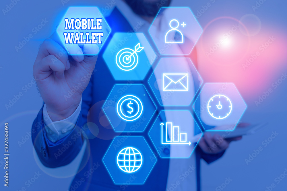 Poster conceptual hand writing showing mobile wallet. concept meaning mobile technology that is used simila