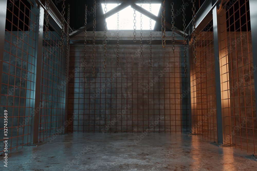 Poster 3d rendering of abstract industrial hall with rusty mesh and hanging chains