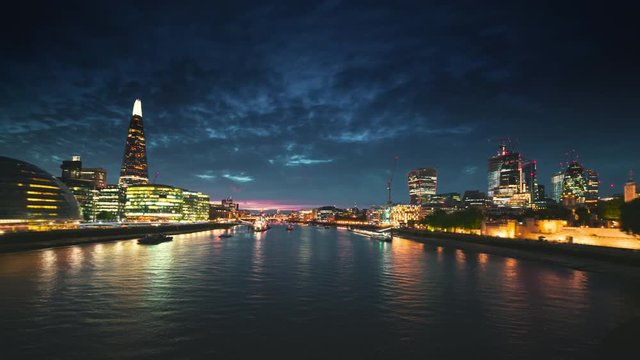 hyper lapse of sunset, London skyline from the Tower Bridge, UK