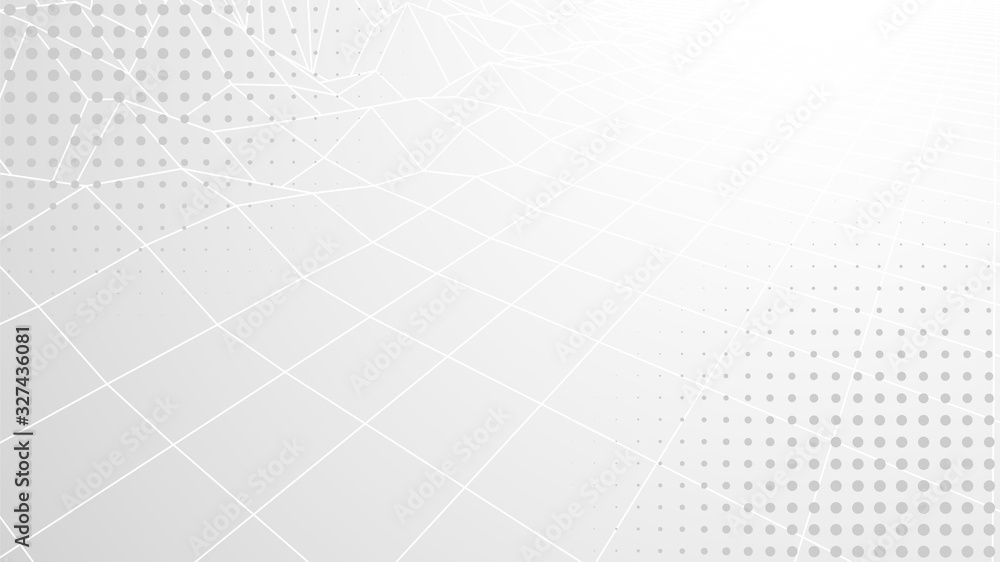 Poster Abstract White Vector Background. Gray Backdrop. Halftone Texture with Polygon Grid. Thin Lines. Wireframe Landscape. Presentation, Cover, Print, Banner, Poster Template. Dot Pattern. Geometric Style