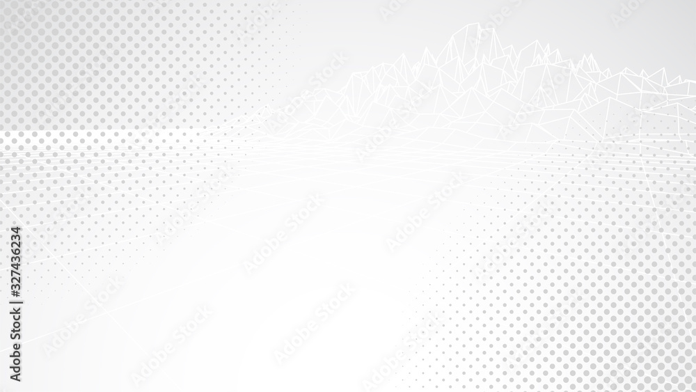 Poster Abstract White Vector Background. Gray Backdrop. Halftone Texture with Polygon Grid. Thin Lines. Wireframe Landscape. Presentation, Cover, Print, Banner, Poster Template. Dot Pattern. Geometric Style