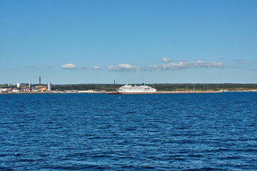 Fototapeta na wymiar Ferryboat moored in port of Ronne, Bornholm island, Denmark.