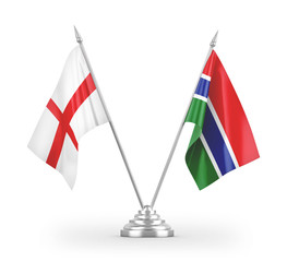 Gambia and England table flags isolated on white 3D rendering