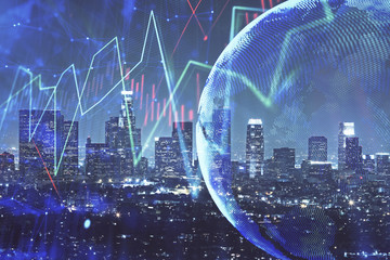 Forex chart on cityscape with tall buildings background multi exposure. Financial research concept.