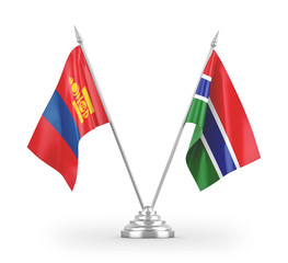 Gambia and Mongolia table flags isolated on white 3D rendering