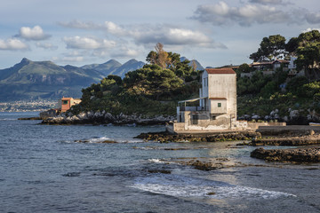 Naklejka na ściany i meble Characteristic seaside building in Saint Elia, part of comune of Santa Flavia on Sicily Island, Italy