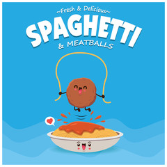 Vintage poster design with vector spaghetti & meatballs character. 