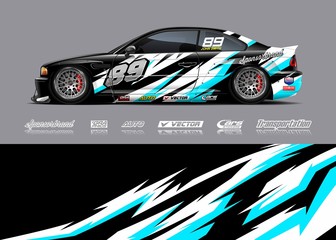Racing car wrap design vector. Graphic abstract stripe racing background kit designs for wrap vehicle, race car, rally, adventure and livery © zoulgraphic