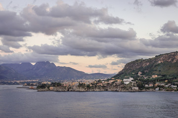 Fototapeta premium View from Zafferano headland on Saint Elia, coastal part of comune of Santa Flavia on Sicily Island, Italy