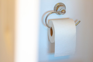 Single Post Toilet Paper Holder on a white wall background with soft shadow and defucus door