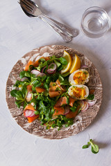 Smoked salmon egg radish and lamb leaves salad. Spring salad food. Flat lay vertical image