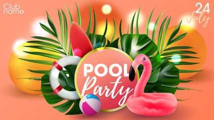 Summer camp banner. Background with pink flamingo and colorful ball. Beach summer party. Hawaiian party.