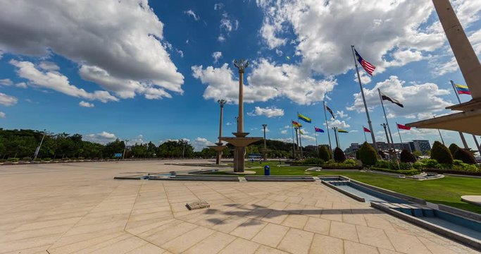 360 degrees time lapse of the Putra square in Putrajaya, Malaysia. a round around the square in the heart of the city. Passing the waving Malaysian flag, the prime minister office and the Putra Mosque