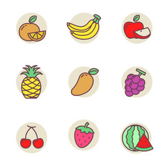 Set of fruits icon in linear color style. Fruits vector illustration in colorful design isolated on white background 