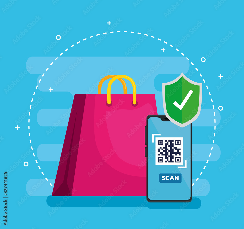 Poster scan qr code with smartphone and bag shopping vector illustration design