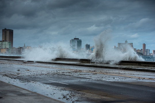 Waves crashing onto the Malecon, Havana, Cuba