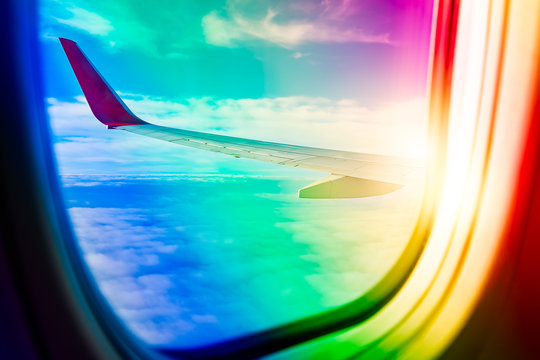 Equality LGBT Gay Legal Rights On Airplanes Freedom To Travel Happy Journey Holidays Vacation On Flight For Summer Tip In Pride Month To Festivals. Background Of Airline Wing Sky And Window Frame