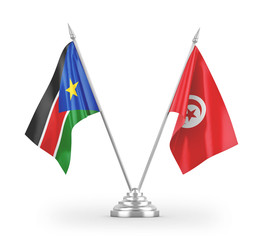 Tunisia and South Sudan table flags isolated on white 3D rendering