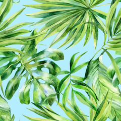 Watercolor seamless pattern, tropical leaves on an isolated background, watercolor painting, botanical illustration, floral design, banana palms, monstera.