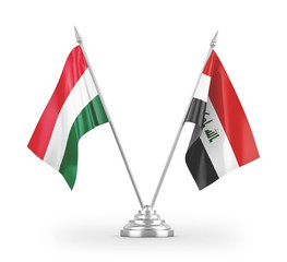 Iraq and Hungary table flags isolated on white 3D rendering