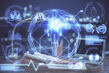 Desktop computer background and education theme drawing. Double exposure. Study concept.