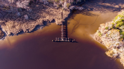 Aerial birds eye view from drone the dark water