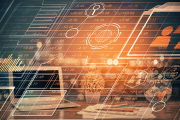 Double exposure of computer and technology theme drawing. Concept of innovation.