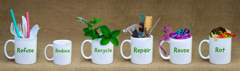 Zero Waste management, illustrated in 6 mugs with relevant contents. Refuse, reduce, recycle,...