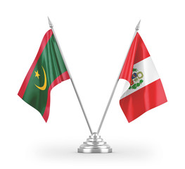 Peru and Mauritania table flags isolated on white 3D rendering