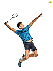 Badminton player young man isolated white background