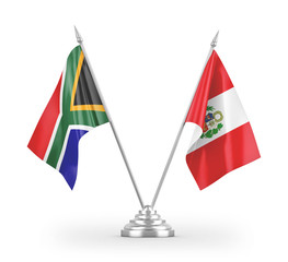 Peru and South Africa table flags isolated on white 3D rendering