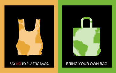 Abstract shapes, plastic bags, and cloth bags on a black background. Say no to plastic bags. Bring your own bag.