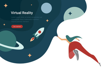 Virtual Reality VR Technology flat vector design illustration. Woman in Virtual Glasses in space with planets.