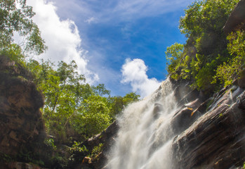 Waterfall from below with blue sky in Chapada Diamantina