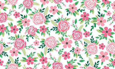Fototapeta na wymiar Cute rose flower pattern background for spring, with leaf and flower drawing.