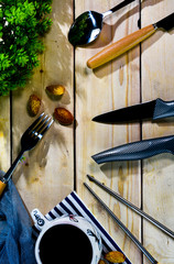 wood table setting cutlery and coffee