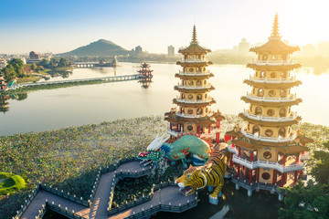 Aerial view Lotus Pond's Dragon and Tiger Pagodas at morning . kaohsiung city. Taiwan