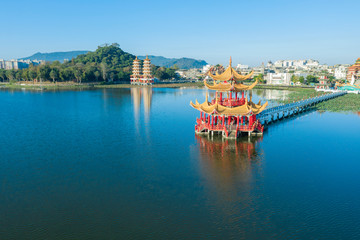 Aerial view Lotus Pond's Dragon and Tiger Pagodas at morning . kaohsiung city. Taiwan