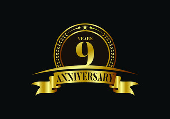 9th years anniversary logo template, vector design birthday celebration, Golden anniversary emblem with ribbon. Design for a booklet, leaflet, magazine, brochure, poster, web, invitation or greeting