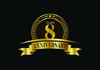 8th years anniversary logo template, vector design birthday celebration, Golden anniversary emblem with ribbon. Design for a booklet, leaflet, magazine, brochure, poster, web, invitation or greeting