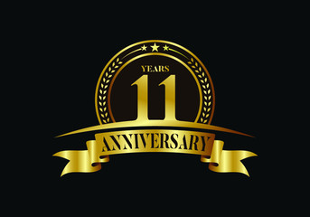 11th years anniversary logo template, vector design birthday celebration, Golden anniversary emblem with ribbon. Design for a booklet, leaflet, magazine, brochure, poster, web, invitation or greeting