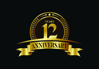 12th years anniversary logo template, vector design birthday celebration, Golden anniversary emblem with ribbon. Design for a booklet, leaflet, magazine, brochure, poster, web, invitation or greeting