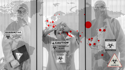 multiexposure of world map with red spots show coronavirus covid 19 infected countries overlay with covid 19 patient and disease control experts in quarantine room and biohazard covid 19 sign