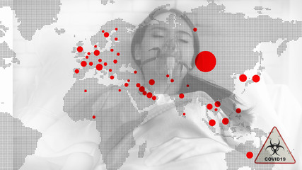 multiexposure of world map with red spots show coronavirus covid 19 infected countries overlay with coronavirus covid 19 infected patient and biohazard covid 19 sign