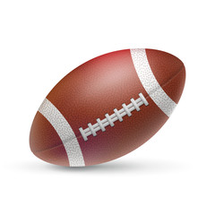 Realistic american football ball with shadow. Sports equipment for team game on stadium vector illustration. Brown leather ball isolated on white background. Sports competition and outdoors activity