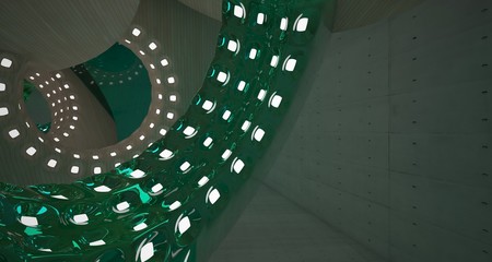 Obraz premium Abstract architectural background interior made of wood, concrete and glass. Neon lighting. 3D illustration and rendering.