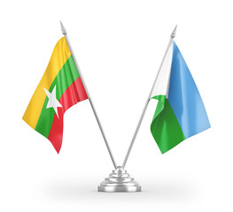 Djibouti and Myanmar table flags isolated on white 3D rendering