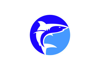 Stylized blue and white shark emblem on a white background